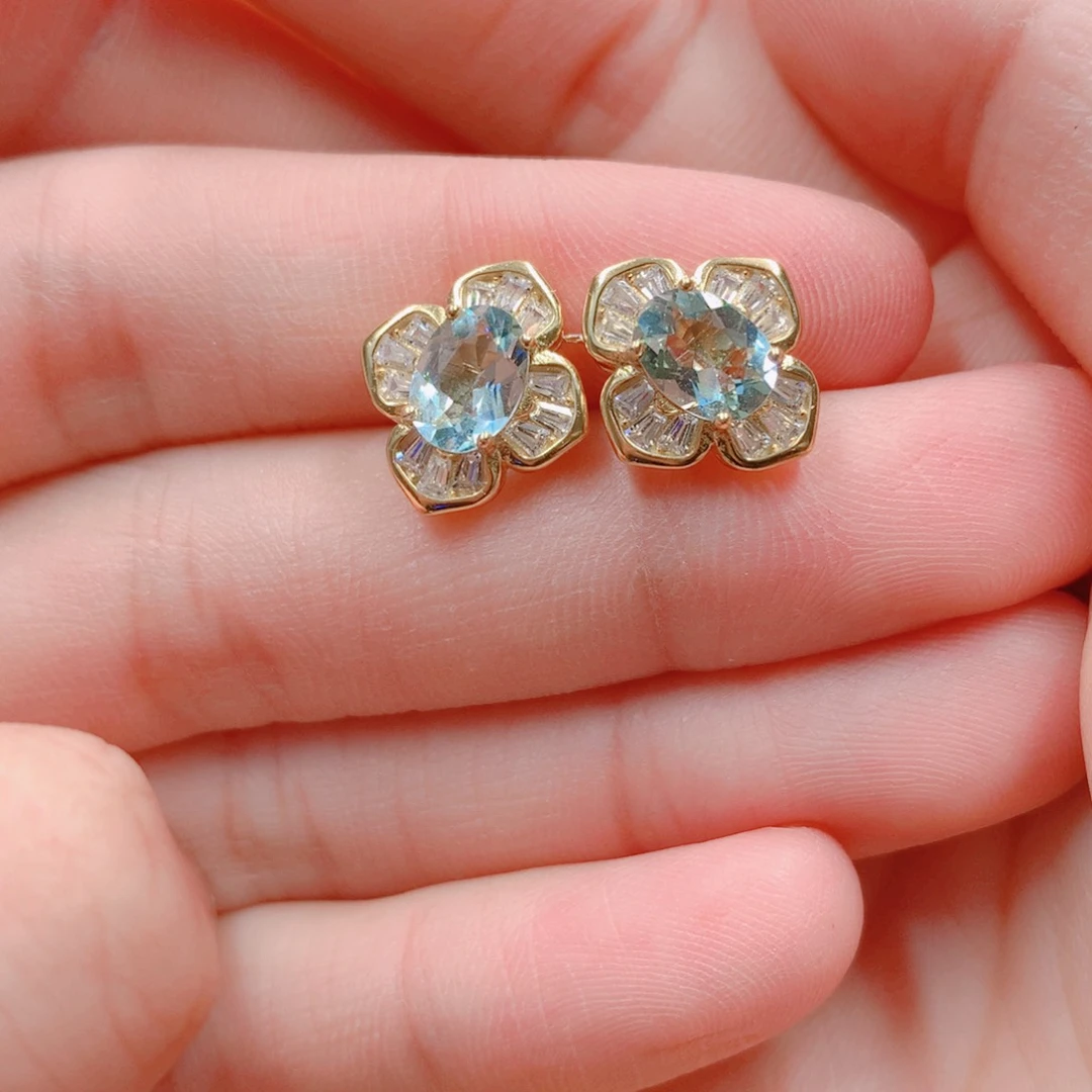 海蓝宝石耳钉银S925镶嵌