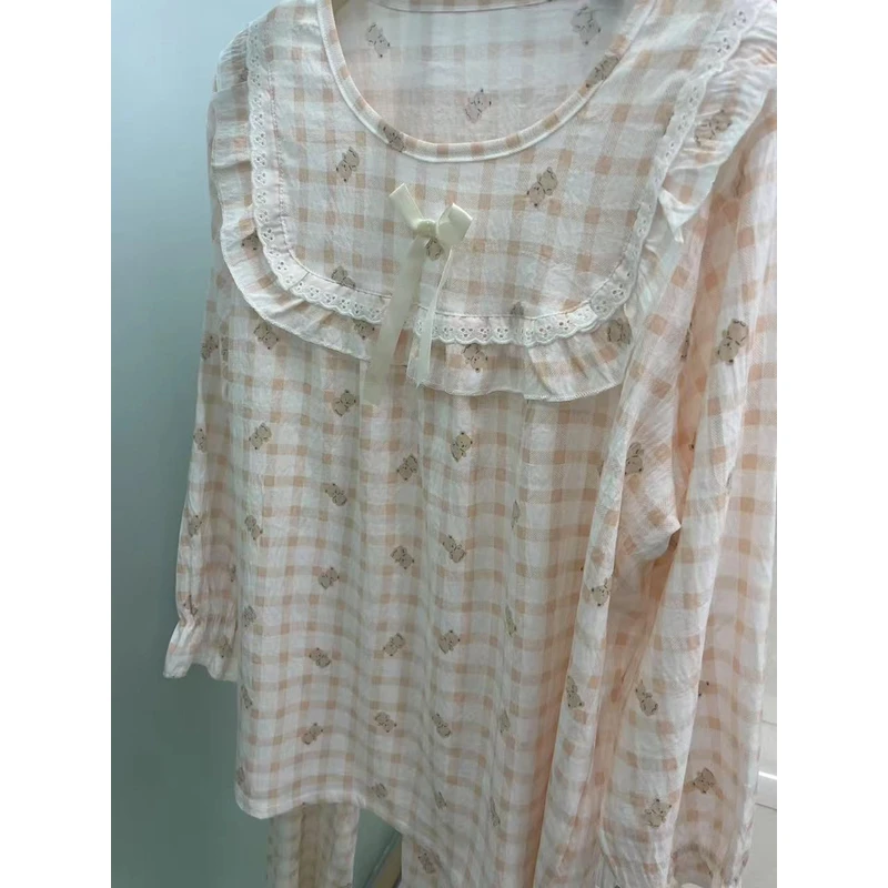 甜美可爱长袖睡衣女春秋季薄款花边家居服可外穿
