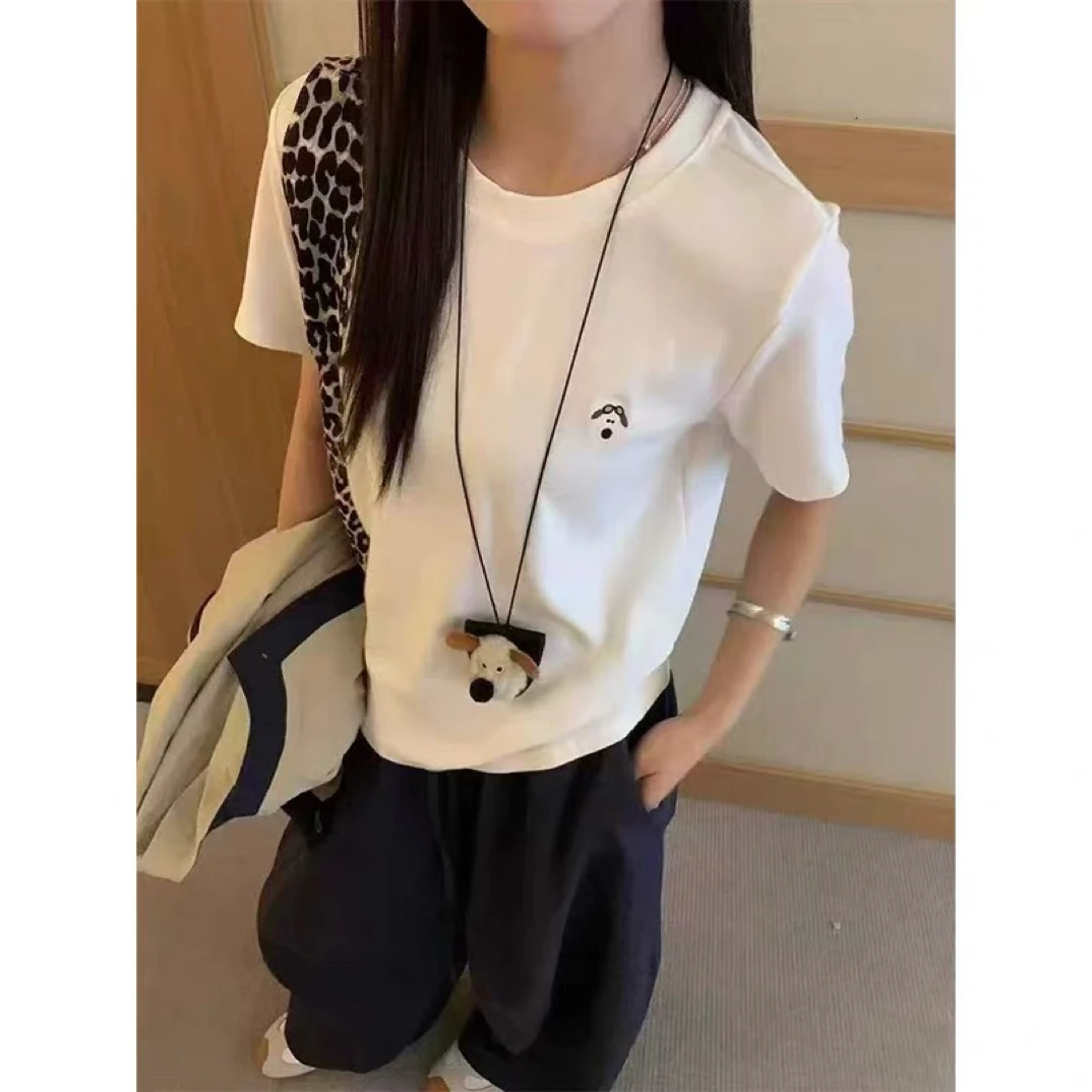 【早日专属】秋款百搭显瘦短袖T恤女圆领卡通刺绣上衣