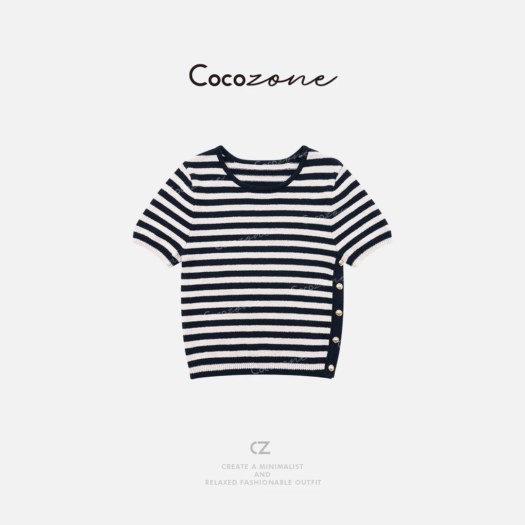 COCO ZONE 刘一一【100棉】撞色条纹简约圆领毛织上衣CD1A1127