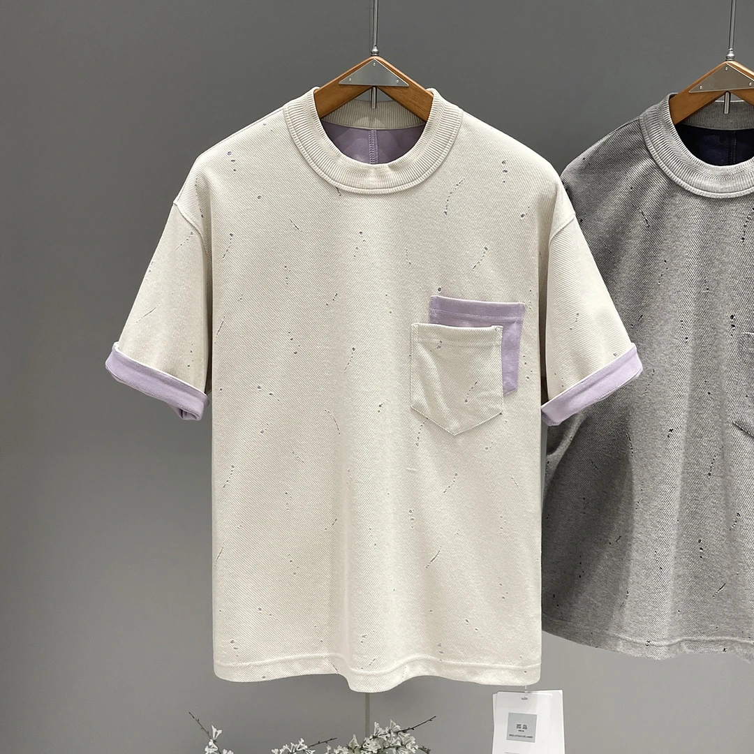 男士撞色双口袋休闲短袖t恤2025夏季新款重磅休闲百搭半袖体恤衫
