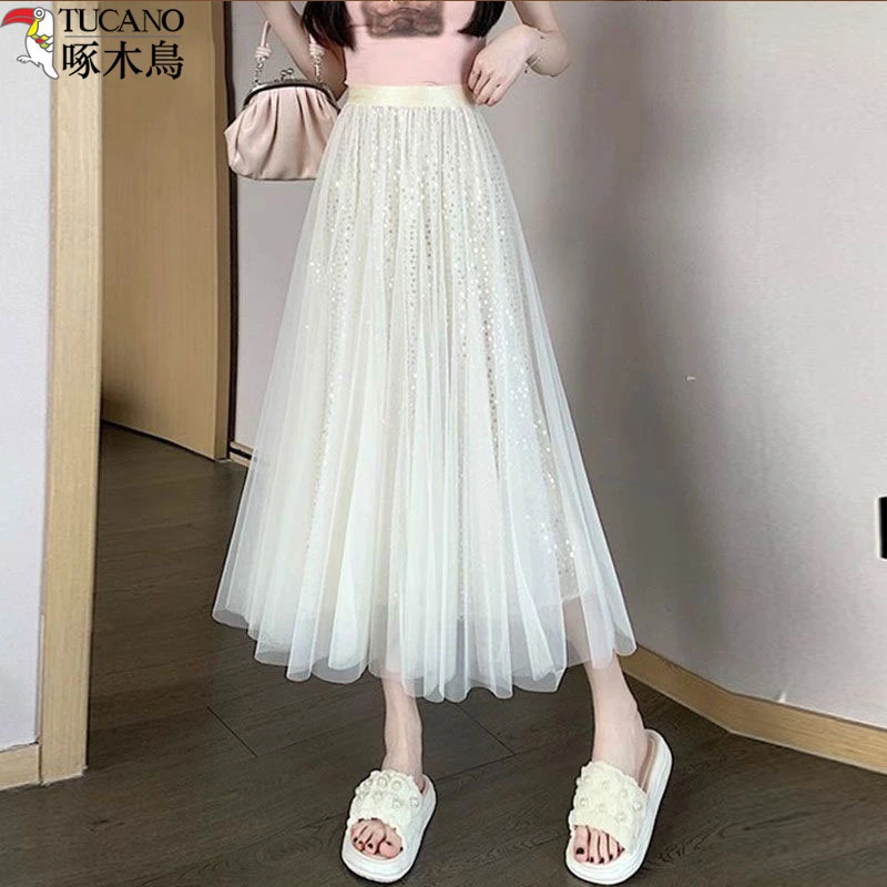 TUCANO/啄木鳥法式高腰半身裙女A字亮片网纱裙早春显瘦中长仙女裙
