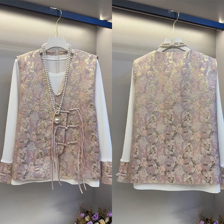 大码圆领撞色打底开衫流苏马甲套装复古中国风遮肉气质时尚女装潮