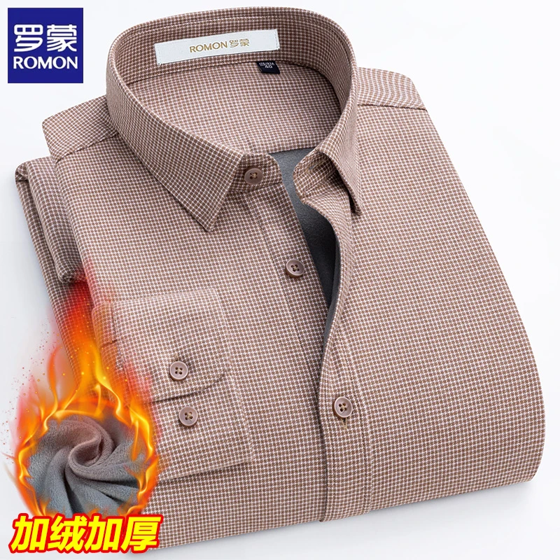 罗蒙冬季男士加绒保暖格子衬衫中年高档商务长袖100%纯棉外套衬衣