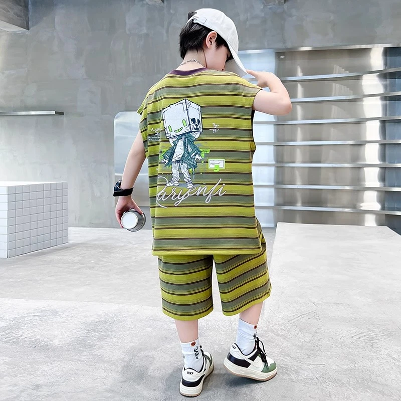 男童夏款套装2025新款夏季坎肩上衣中大儿童男孩夏装条纹两件套潮