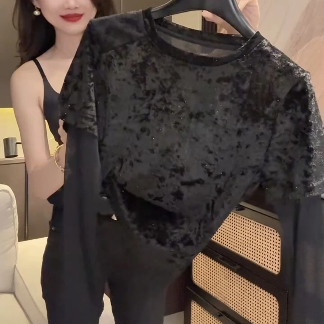 合体宽松背心常规T恤假两件修身型抗皱圆领长袖设计感