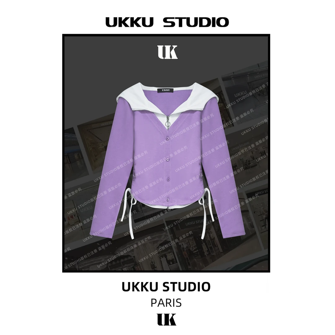 小七【UKKUSTUDIO】新款时尚网红拼接假两件显白连帽加厚卫衣513547