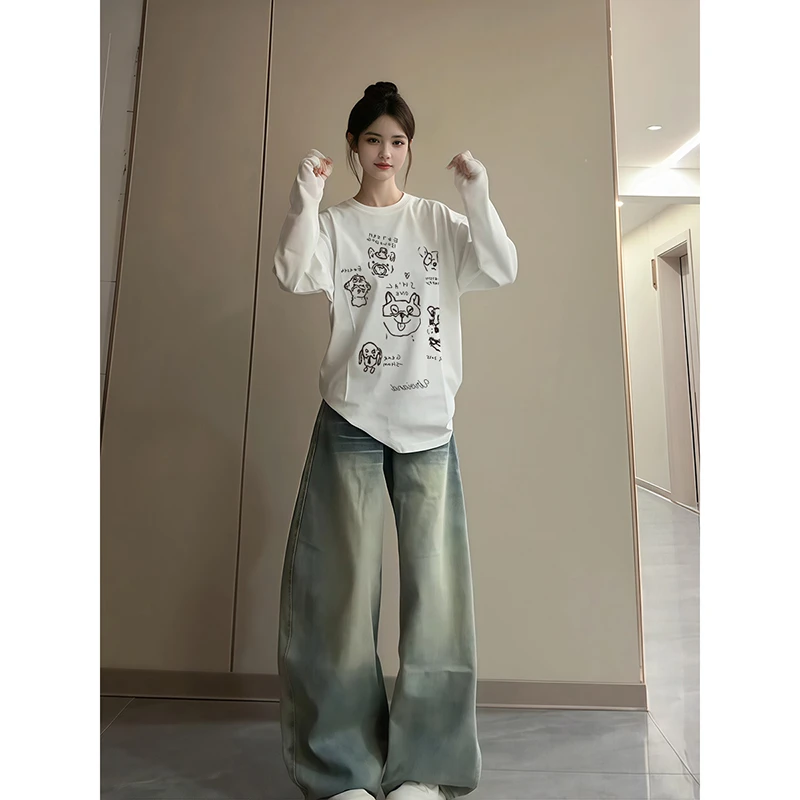 韩版ins小众线条狗狗卡通印花休闲百搭新款宽松纯棉舒适长袖T恤女