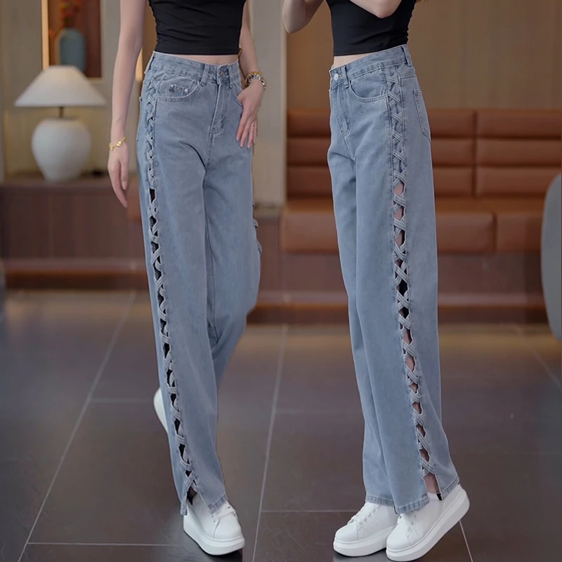 复古高街穿搭多巴安牛仔裤阔腿裤外穿镂空夏季高腰女薄款长裤女