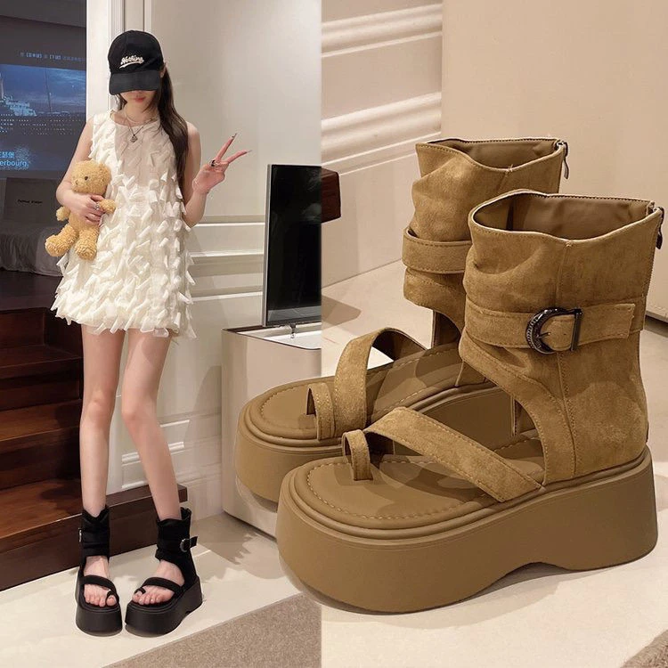 厚底罗马凉靴女2025新款夏季新款时尚套趾高帮凉鞋小个子增高短靴