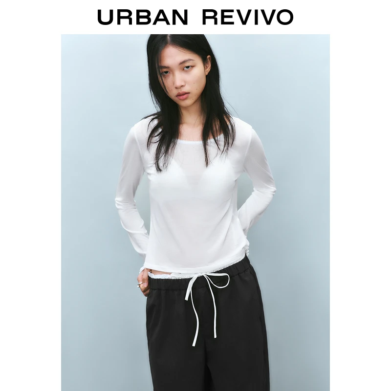 UR2025秋季新款女装简约气质木耳边修身长袖T恤UYU450033