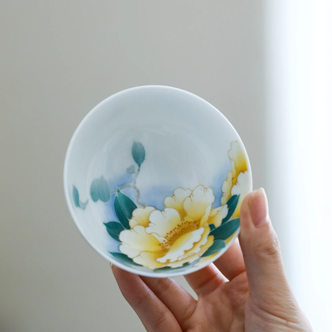 官润窑 陶瓷手工绘画品茗杯主人杯功夫茶杯无铅无镉高脚杯山茶花