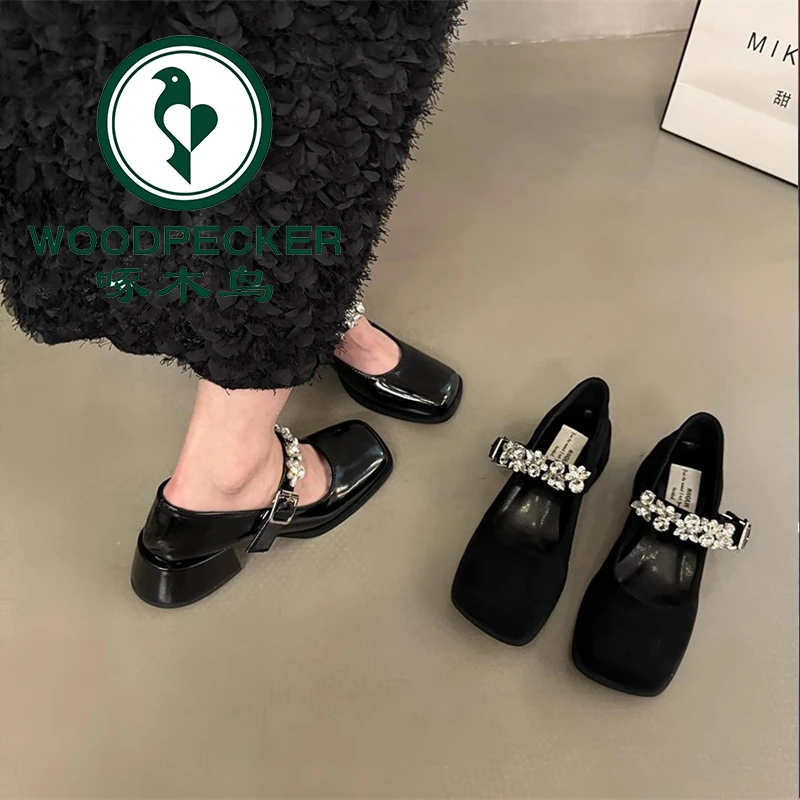 啄木鸟法式晚晚单鞋黑色高跟鞋女2025年新款方头气质玛丽珍小皮鞋