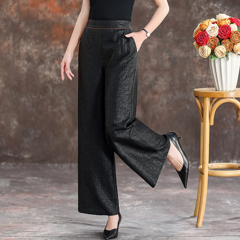 新中式香云纱休闲裤女2025夏季新款宽松显瘦垂感妈妈真丝阔腿裤子