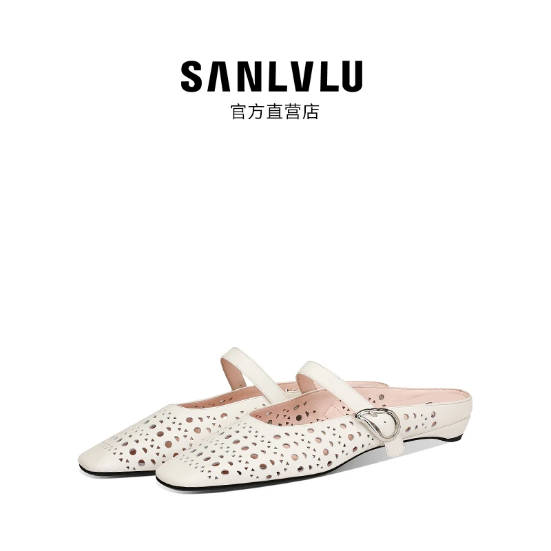 SANLVLU恩施 白鹿同款小羊皮穆勒拖鞋女白色方头包镂空半拖凉鞋