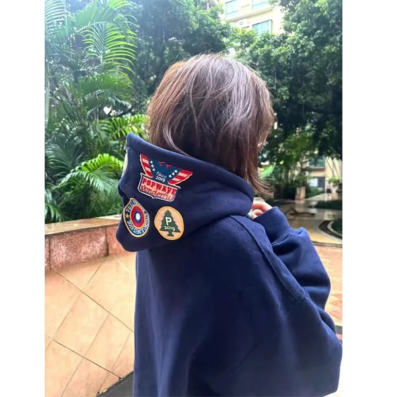 大码300斤美式高街字母徽章刺绣连帽卫衣男女2025新款情侣外套潮