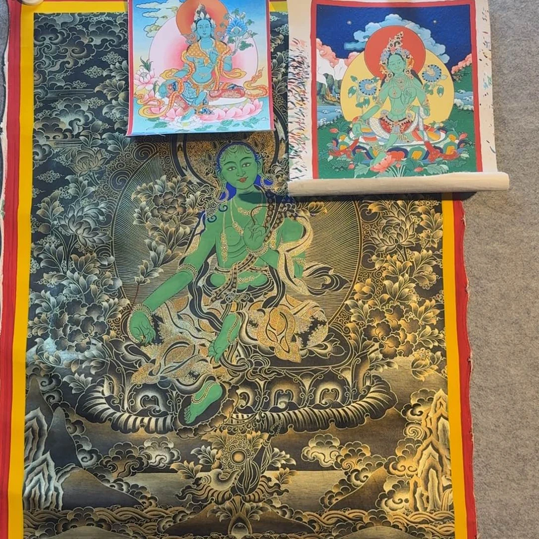 珍***云卷轴画黑金绿度母热贡纯手绘假一罚十