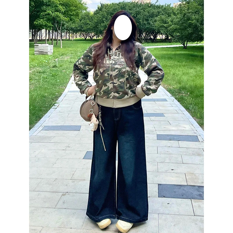 特大码深蓝色阔腿牛仔裤女秋季新款胖mm宽松显瘦梨形身材直筒裤子