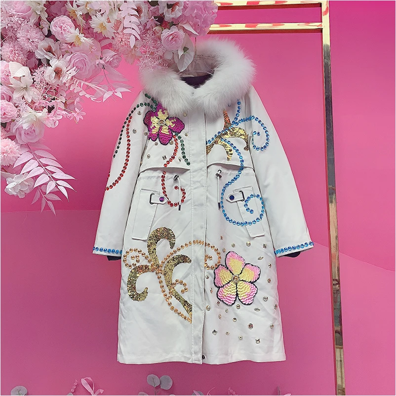 A4162欧美设计师2025冬季新款重工刺绣亮片花朵派克服外套女