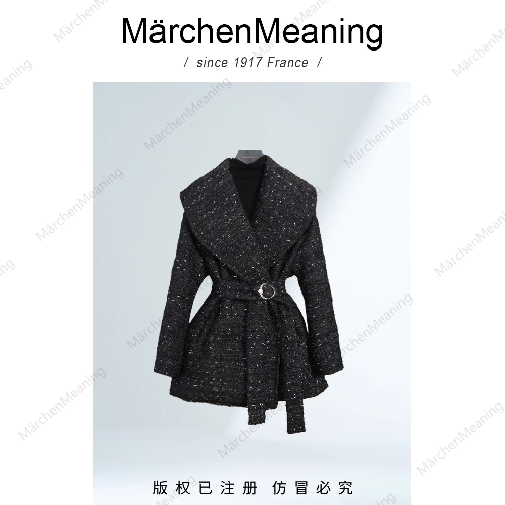 MärchenMeaning羊毛小香鹅绒服黑色翻领收腰气质轻奢设计师阳哥