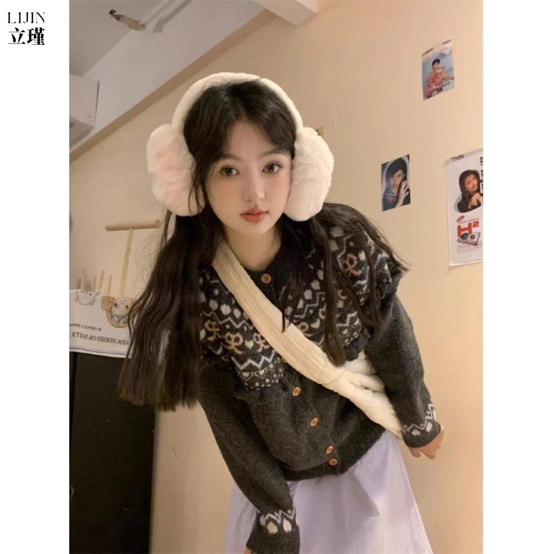 韩国甜女减龄提花毛衣夹克秋季2025新款休闲松菌针织上衣