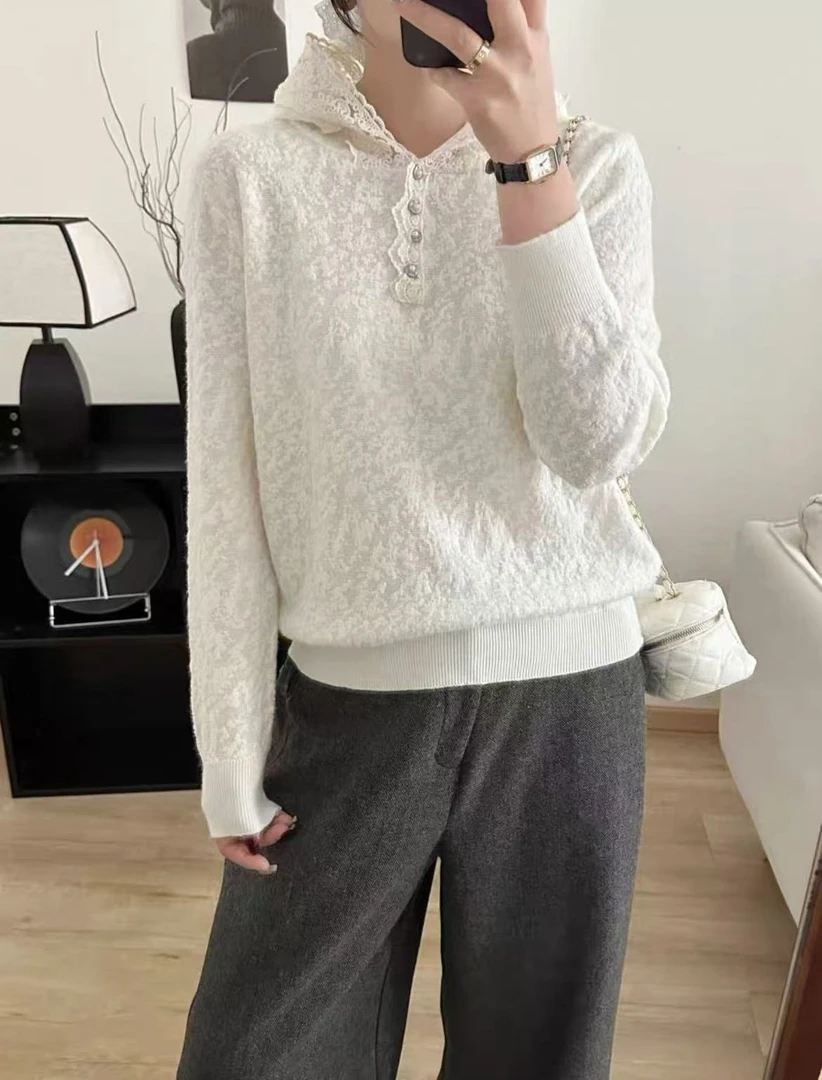 连帽蕾丝花边勾花春秋季新款宽松上衣韩版打底帽衫女A27