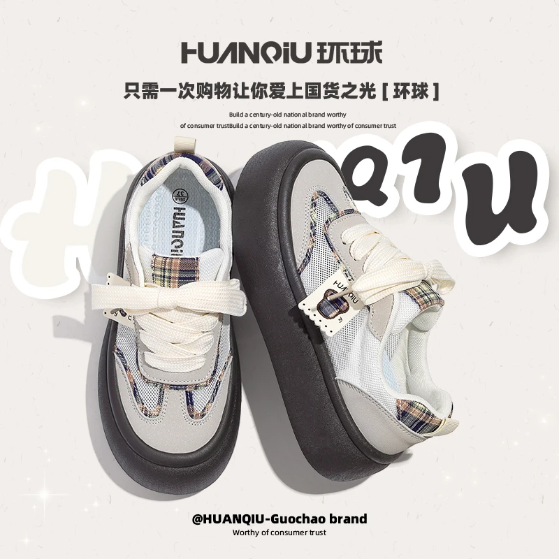 环球女鞋厚底板鞋2025春季新款百搭小白鞋增高学生网面透气休闲鞋