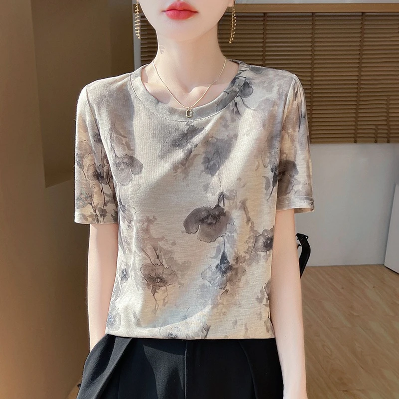 舒适透气薄款圆领女士五分袖T恤中式设计感水墨画圆领套头短袖
