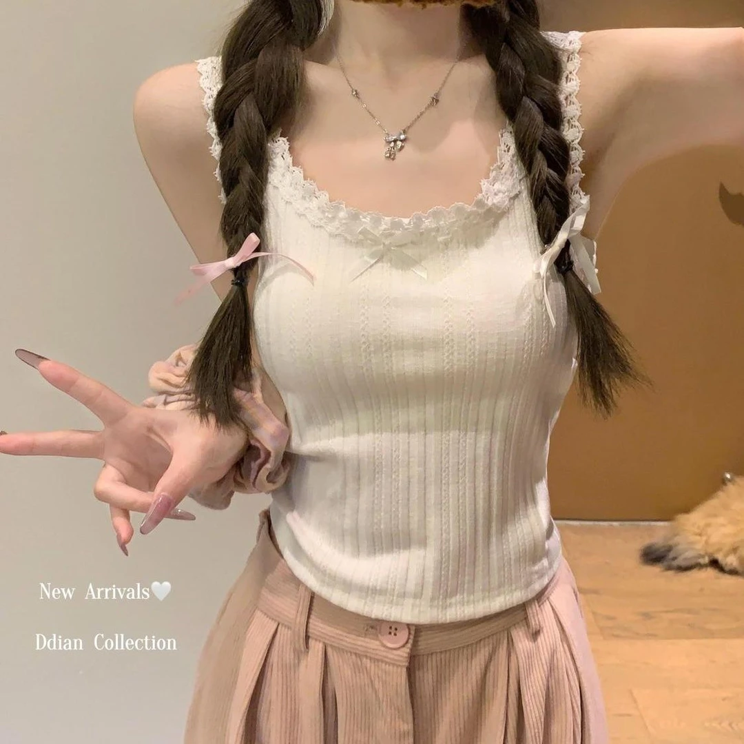 美式设计感小众蝴蝶结蕾丝花边bm吊带背心女夏季外穿修身内搭上衣
