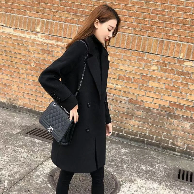黑色毛呢小个子西装领外套加厚女中长款新款秋冬韩版宽松呢子大衣