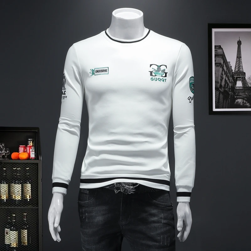 佩托本那欧货秋冬季圆领字母绣标简约长袖卫衣男修身拼色套头刺绣