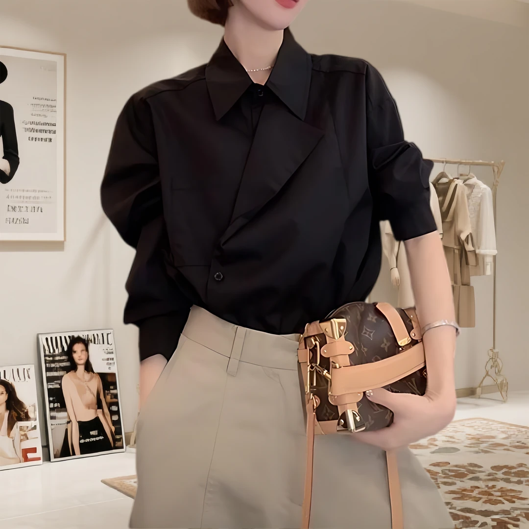 韩系小众设计感衬衫2025早秋新款显瘦假两件时尚百搭气质长袖上衣