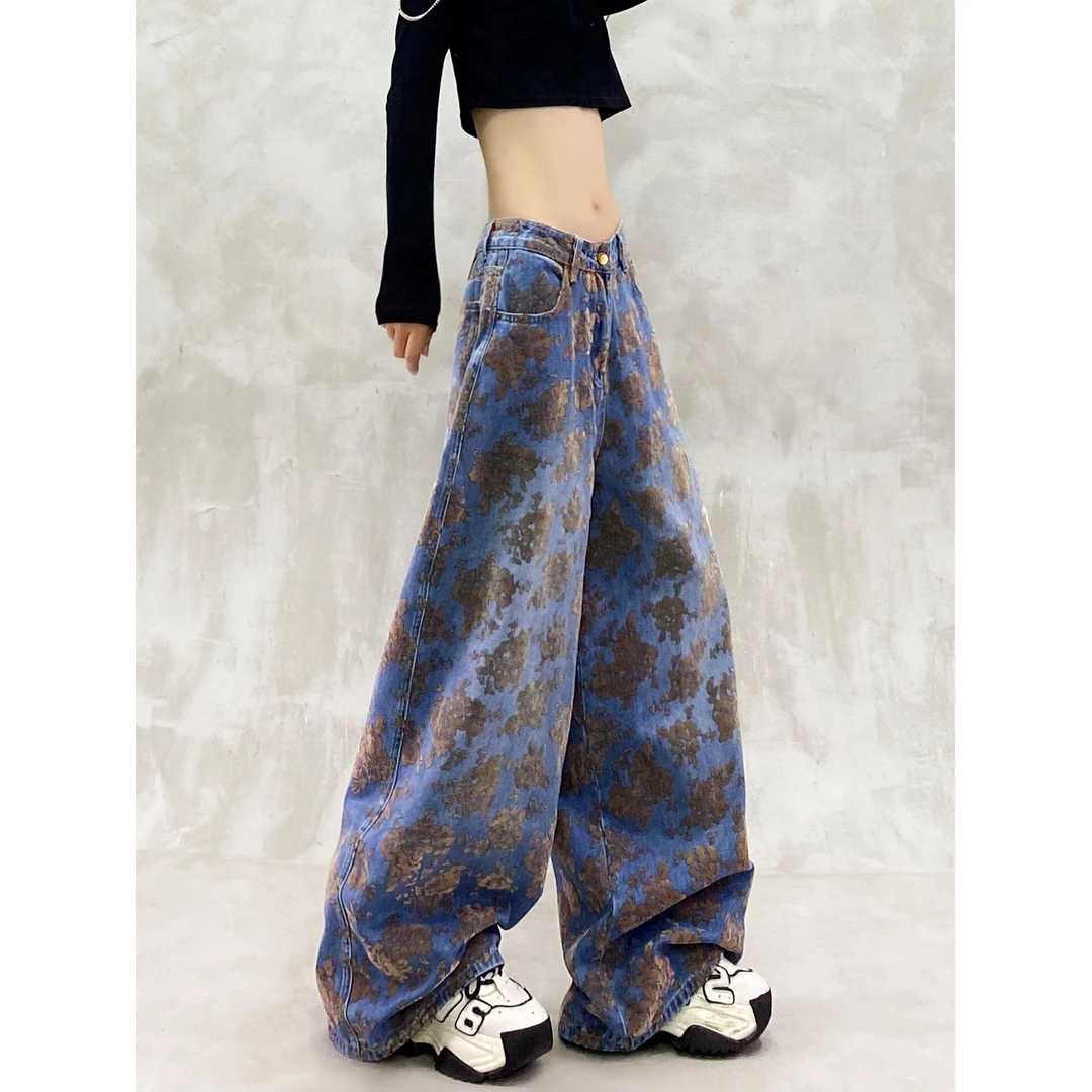 洋气花朵印花水洗休闲牛仔裤女秋新款高腰宽松显瘦百搭直筒阔腿裤