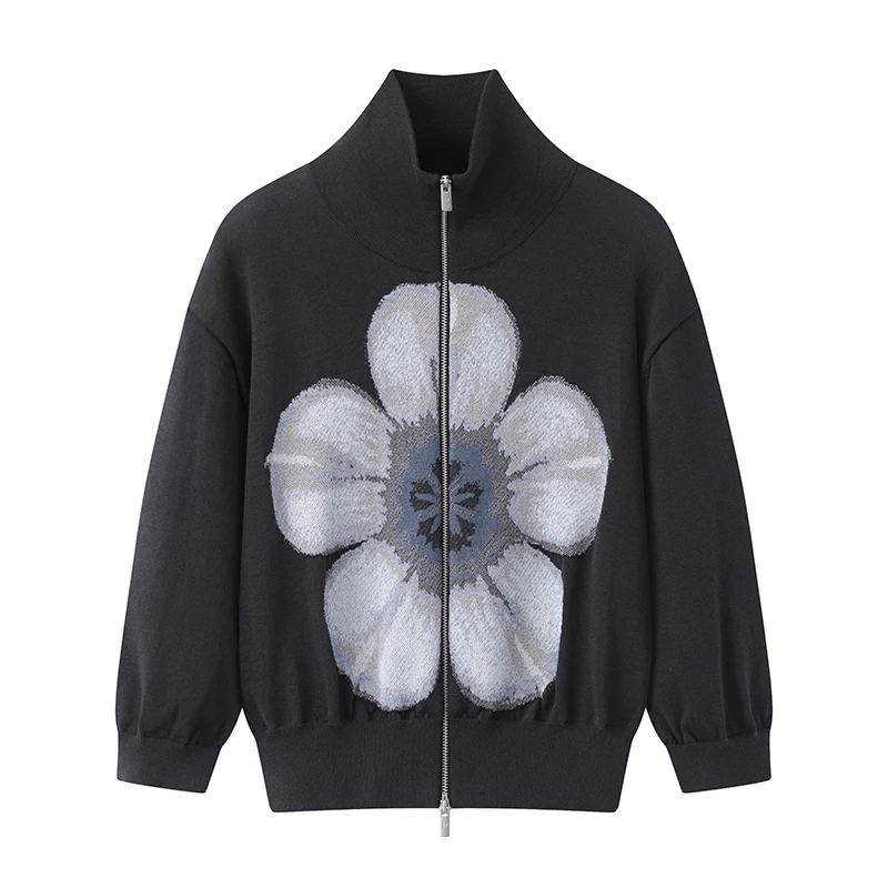 咖米潮【花朵】立领拉链花朵针织开衫九分袖外套20258107