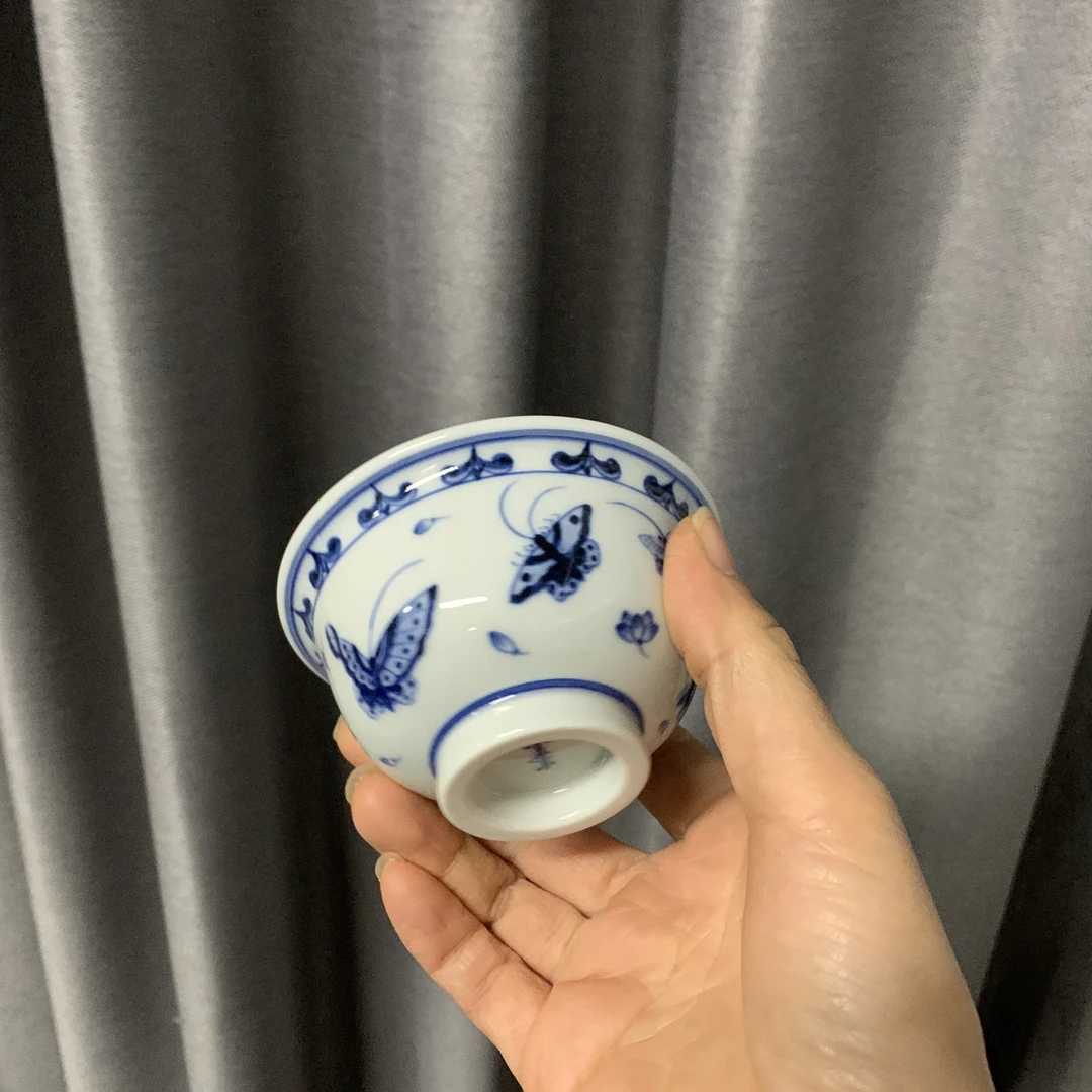 宋墨山房气窑蝴蝶压手杯微瑕手绘现代瓷