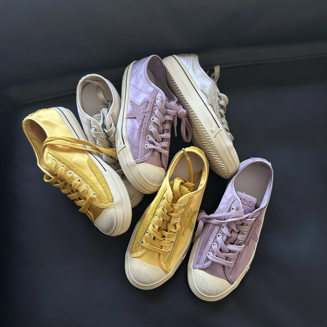 【薛定饿】脏脏鞋休闲板鞋低帮星星鞋复古擦色做旧时尚百搭绸缎拼色