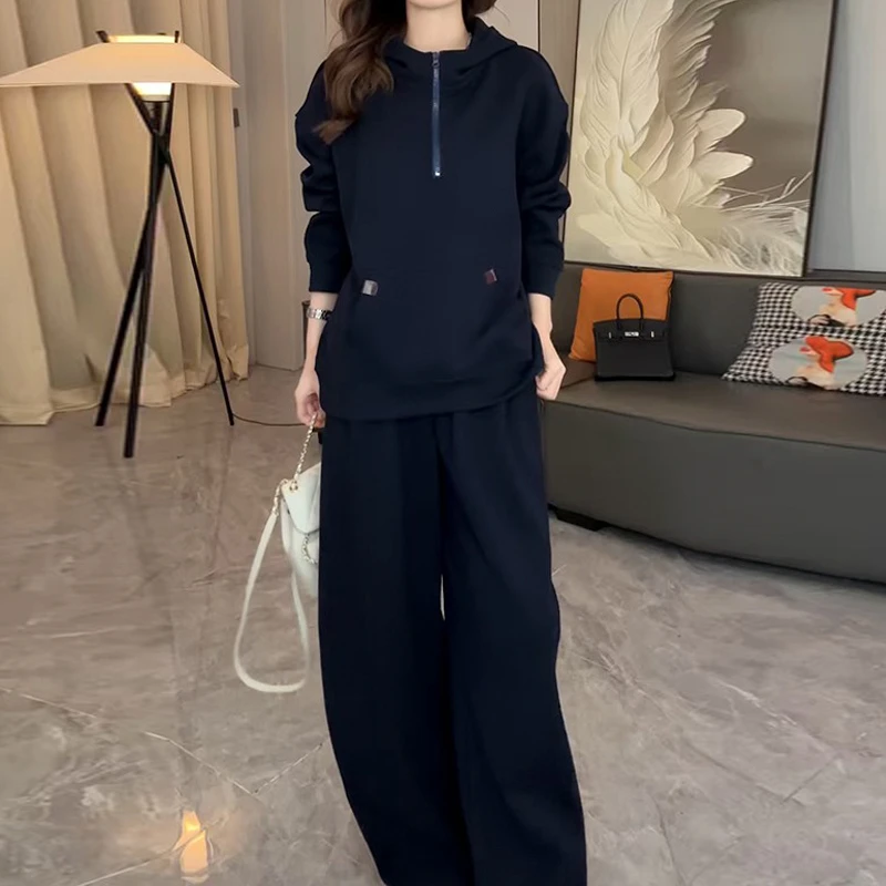 2025冬季新款时尚套装慵懒连帽卫衣休闲直筒长裤女韩系穿搭一整套