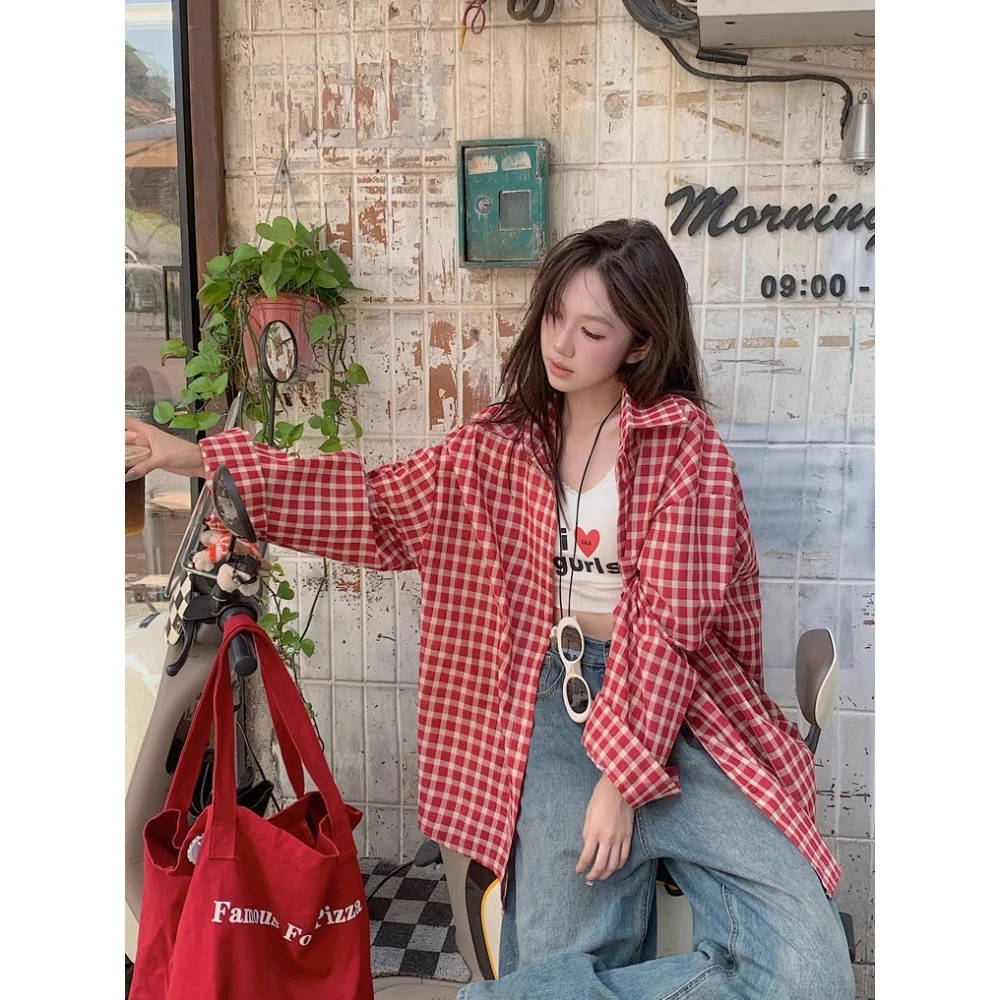 美式复古红色格子衬衫女春夏新款领开衫外套宽松休闲防晒上衣