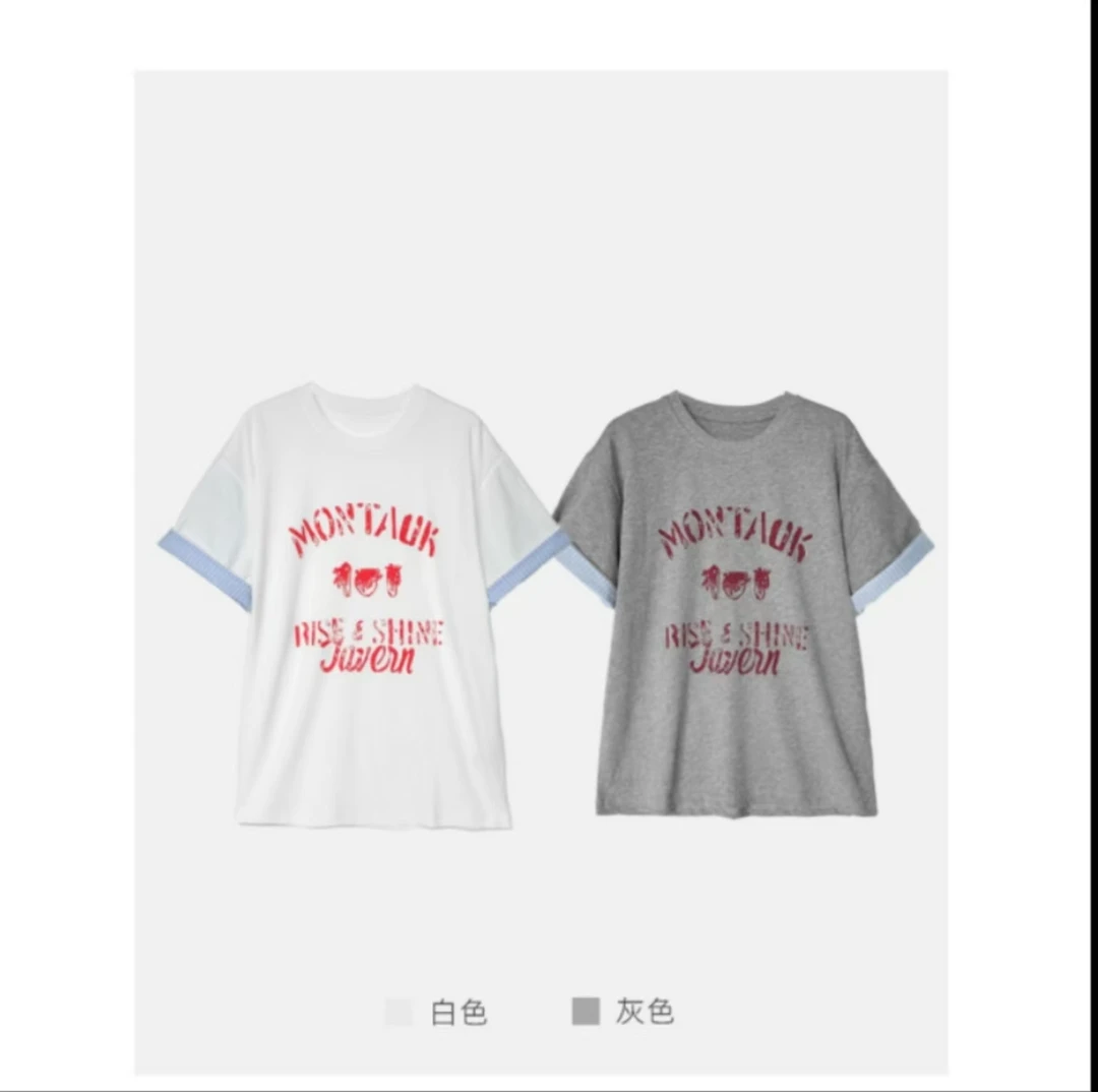 YW袖子拼接白色纯棉短袖ins潮牌宽松时尚