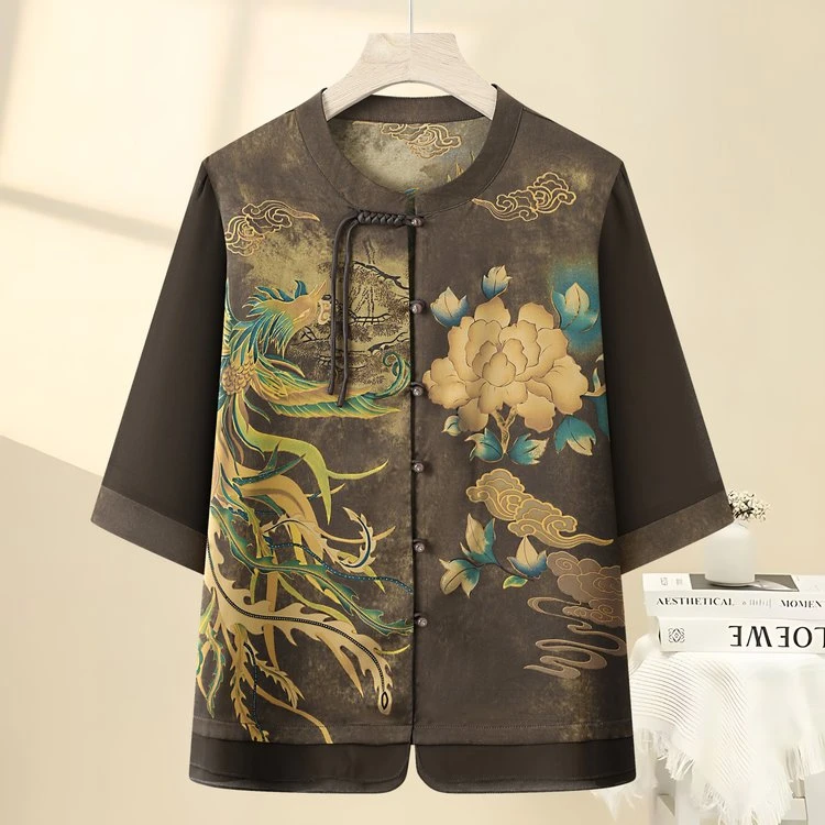 中老年妈妈装夏季新款国风衬衣大码中式薄款印花柔软舒适高贵女装