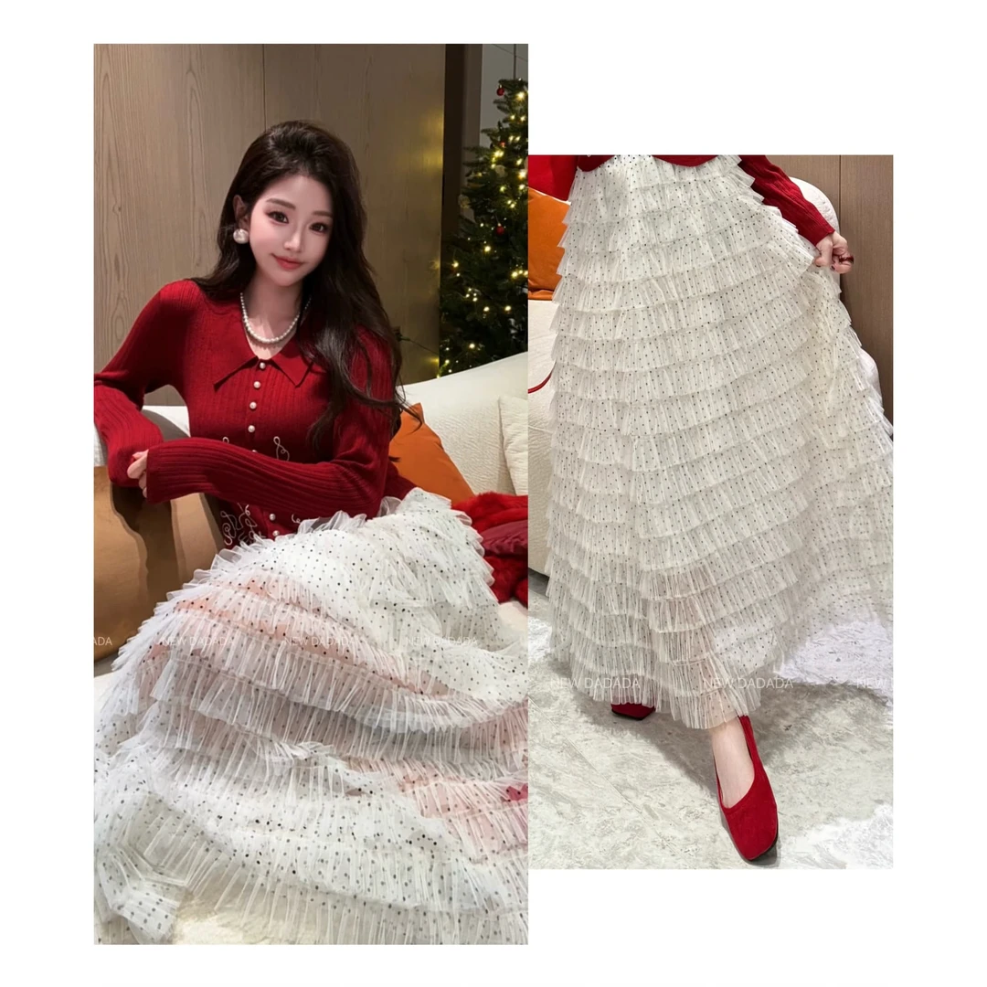 利达NEW DADADA 【波点千层纱纱裙】时尚显瘦百搭气质半身裙YEM4160