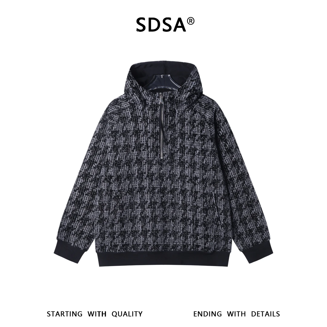 SDSA男士秋冬新款痞帅男装时尚简约撞色绒毛半拉链连帽卫衣宽松潮