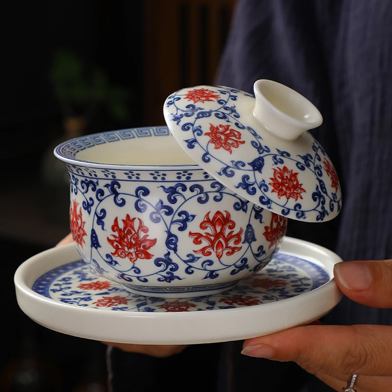 青花瓷茶具釉里红悬停三才盖碗缠枝莲泡茶碗功夫茶杯马蹄茶碗茶器