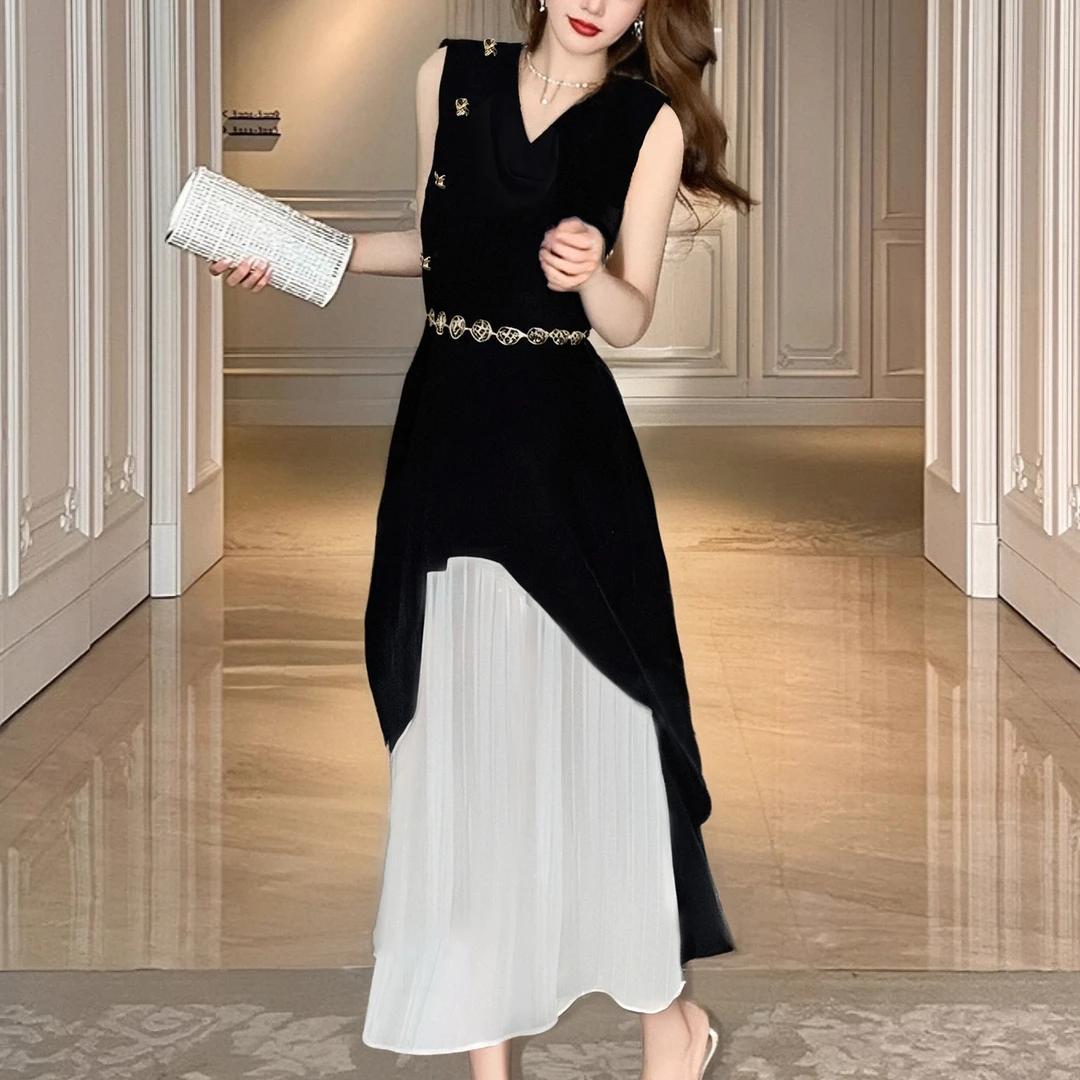 A送腰带2025新款时尚气质赫本风连衣裙百搭洋气显瘦高腰裙子1205