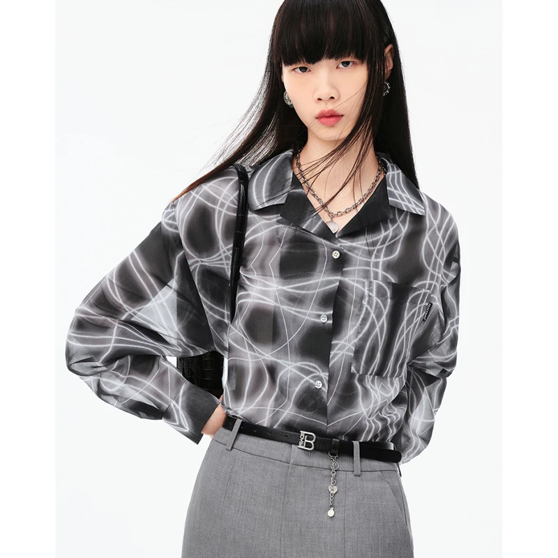 L411纹样长袖衬衫 鸟撤柜女装  正品剪牌青仓