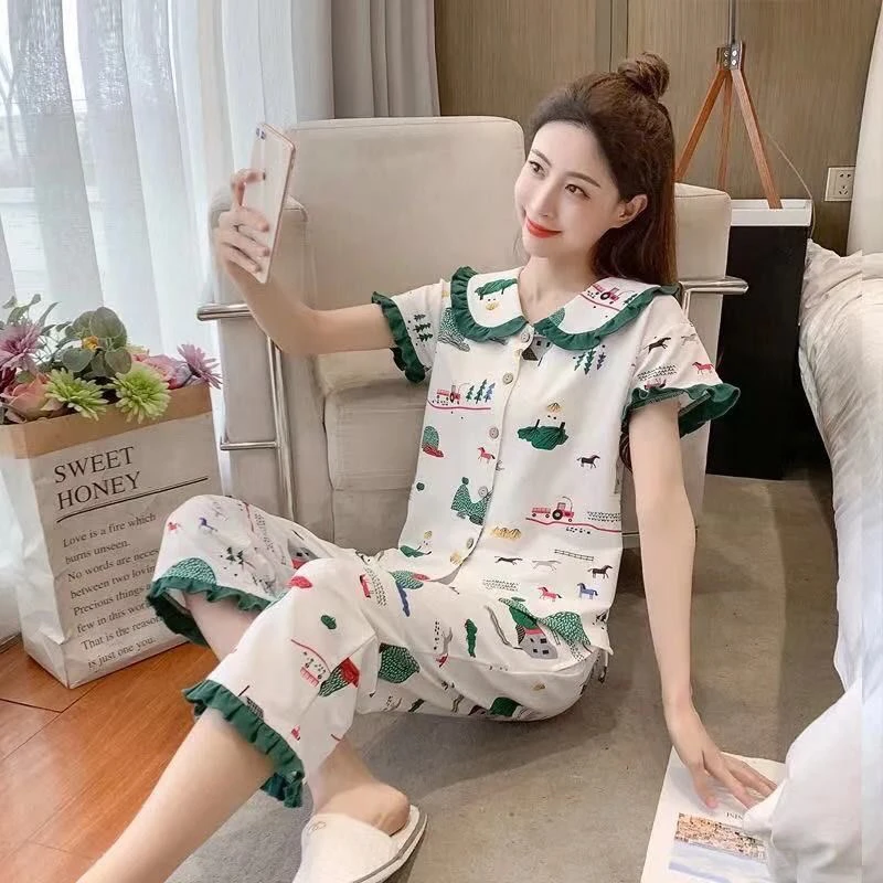 睡衣女夏季短袖七分裤可爱娃娃领显瘦套装宽松大码全棉外穿家居服