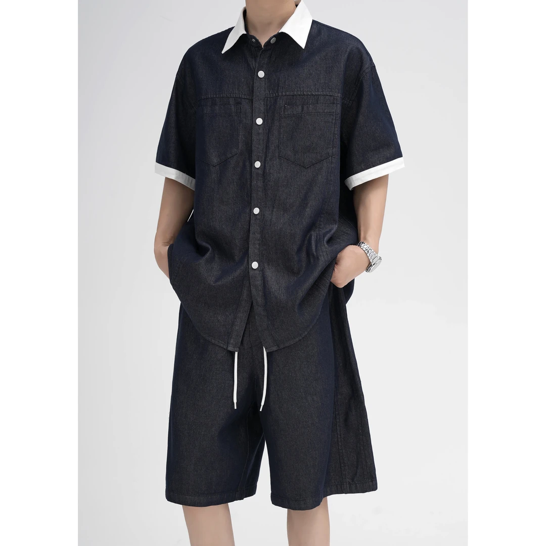 韩系高级感撞色拼接设计牛仔短袖衬衫男夏日松弛感穿搭情侣套装