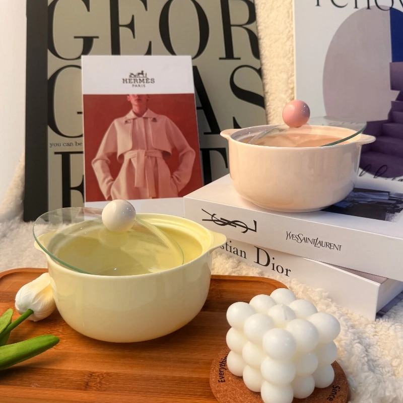 樱花粉陶瓷泡面碗带盖学生宿舍家用高颜值喝汤碗耐高温双耳防烫