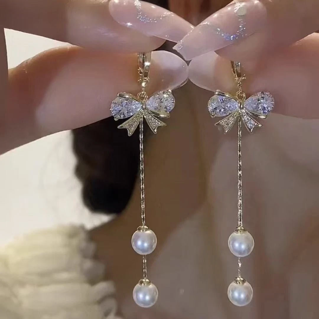 2025年新款蝴蝶结珠珠流苏耳环法式耳扣气质网红长款高级百搭耳饰