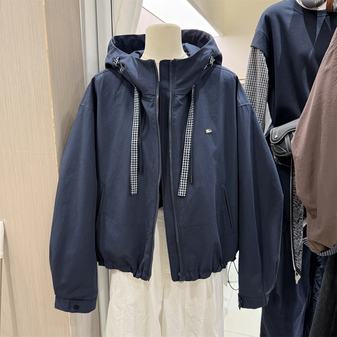 1037秋季新款时尚连帽抽绳长袖外套女宽松显瘦百搭冲锋衣夹克流行